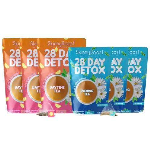 Miniatura 12 de SkinnyBoost - Kit de té desintoxicante de 2 paquetes – 1 de día HIBISCO (28 bolsas) + 1 de noche MANZANA CANELA (14 bolsas) – Desintoxicación herbal