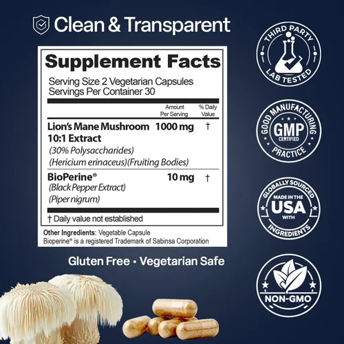 Miniatura 6 de Natures Elements Hongo melena de león con BioPerine – Extracto 10:1 – 1000 mg melena de león + 10 mg de bioperina – 30% polisacáridos – 60 cápsulas