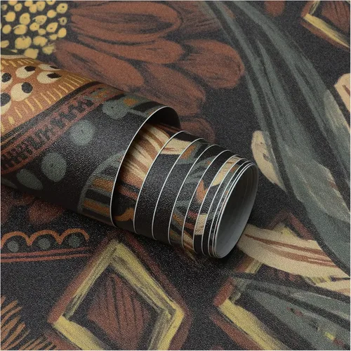 Miniatura 7 de HAOKHOME Papel tapiz para despegar y pegar, floral, bohemio, marrón, melocotón, verde, decoración de pared retro, mural extraíble de baño, 17.3