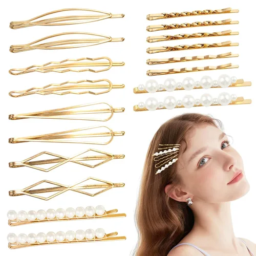Miniatura 7 de 18 pinzas de pelo de metal geométrico dorado para mujeres y niñas, pinzas para el cabello de perlas preppy para novia, elegante juego de pasadores