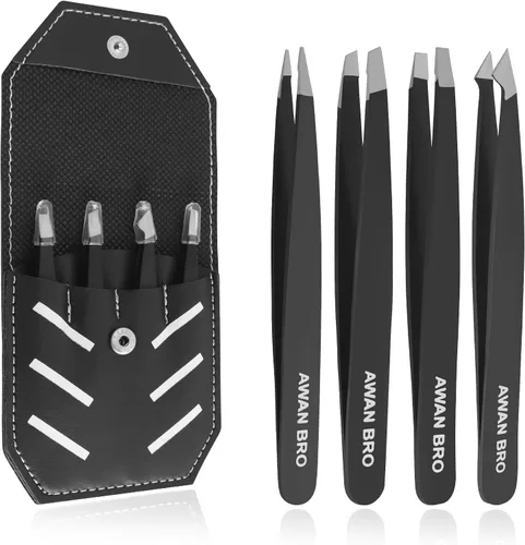 Juego de pinzas para cejas de alta calidad, 4 piezas de acero inoxidable, pinzas negras para cabello facial, pinzas para hombres y mujeres,