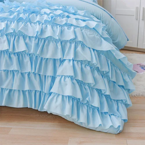 Miniatura 4 de Holawakaka Juego de edredón con volantes en cascada de color azul claro, juego de ropa de cama con volantes estilo shabby chic para niñas, mujeres
