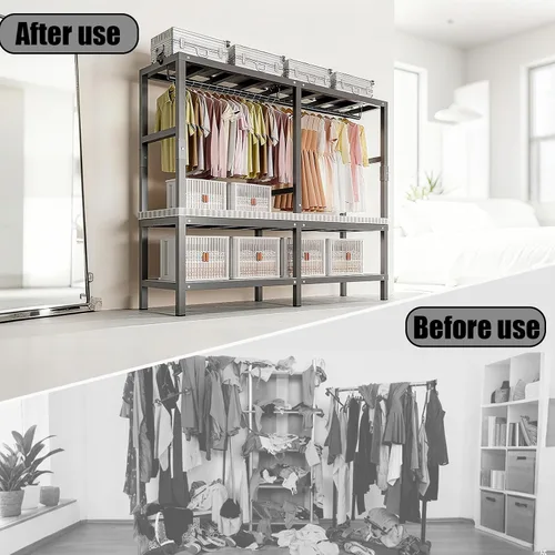 Miniatura 9 de Armario portátil resistente de 49.2 pulgadas, armario plegable con tapa, estantes de metal para organizadores de ropa y almacenamiento