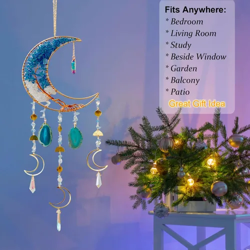 Miniatura 2 de Campanillas de viento de luna con árbol de cristal hecho a mano para decoración de pared del hogar, decoración de pared de dormitorio, decoración