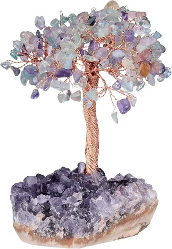 Miniatura 17 de Nupuyai Árboles de dinero de cristal natural con base de racimo de amatista, figura decorativa de piedra de cristal para decoración de escritorio