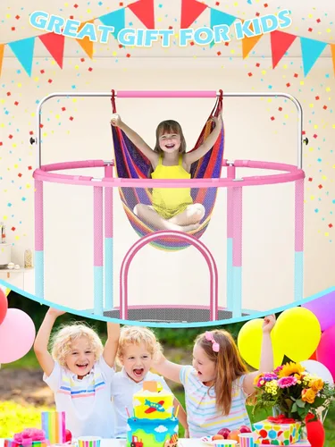 Miniatura 7 de Bluerise - Cama elástica de 55 pulgadas/6 pies, para niños, juego interior y exterior, con canasta de baloncesto para cama elástica, malla de Rosa