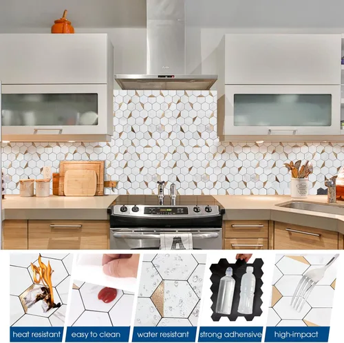 Miniatura 4 de Azulejo de Salpicadero Hexagonal de 20 Hojas Despegar y Pegar, 12x12 pulgadas Carla Blanco Metal Mixto Azulejos de Pared PVC 3D Adhesivos para Carla