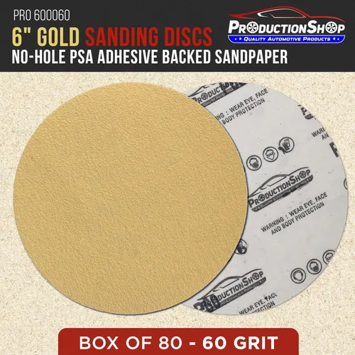 Miniatura 2 de ProductionShop Discos de lijado dorados PSA de grano 60 de 6 pulgadas, caja de 80 unidades, papel de lija abrasivo autoadhesivo para lijadoras