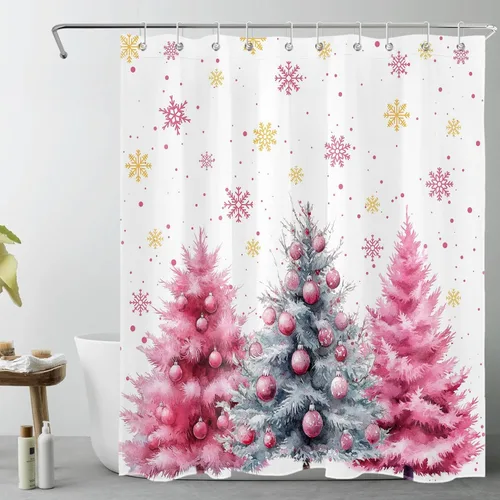 Miniatura 28 de EOBTAIN Cortina de ducha de hojas verdes de Navidad para baño, ramas de piña y abeto con bayas rojas sobre negro, cortina de ducha con 12 ganchos