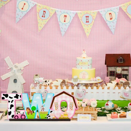 Miniatura 5 de Haooryx Centro de mesa de granja – Cartel rosa de animales de granja de madera, centro de mesa de granero, fiesta de cumpleaños, decoración