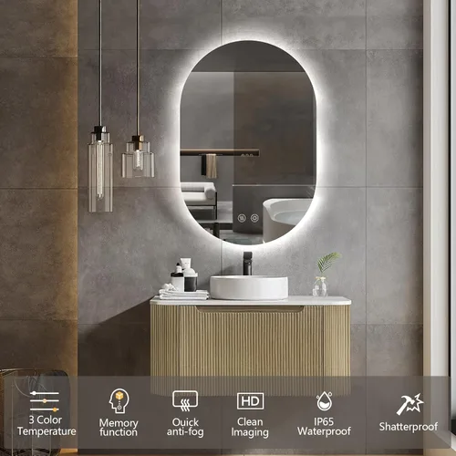 Miniatura 2 de Espejo LED ovalado de 36 x 24 pulgadas para baño, espejo de tocador iluminado en forma de píldora con luces, espejo retroiluminado sin marco montado