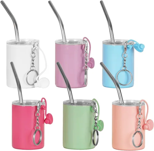 Mini vaso de 3 onzas con popote y tapas, juego de 6 | Acero inoxidable,Doble pared aislado,Vaso de chupito de metal,Copas de vino de sublimación