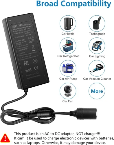 Miniatura 5 de SHNITPWR Convertidor de 110 V a 12 V 10 A 120 W Convertidor de CA a CC, adaptador de fuente de alimentación CA/CC, enchufe de encendedor