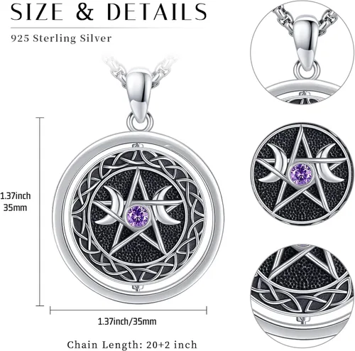 Miniatura 2 de Collar de diosa de triple luna de plata de ley 925 nudo celta pentagrama pentagrama colgante de pentáculo agano wiccano magia giratorio amuleto