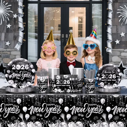 Miniatura 7 de AIBIIN 194 decoraciones de fiesta de Año Nuevo 2026 para platos de fiesta de Año Nuevo, tazas, servilletas, manteles, vajilla, vajilla de disco
