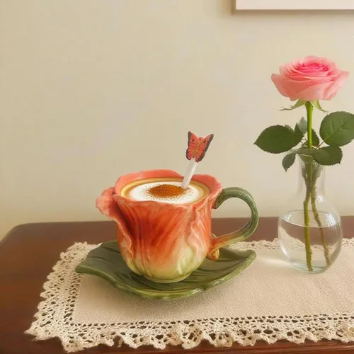 Miniatura 2 de Juego de taza de té y platillo de cerámica, taza de café de flores pintadas a mano en 3D de 6 onzas, regalo para mujeres, tulipán naranja