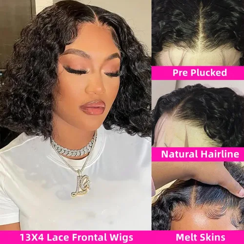 Miniatura 2 de Peluca Bob de encaje frontal de Superfect, cabello humano de 10 pulgadas, 13x4 ondas profundas rizadas, pelucas frontales transparentes