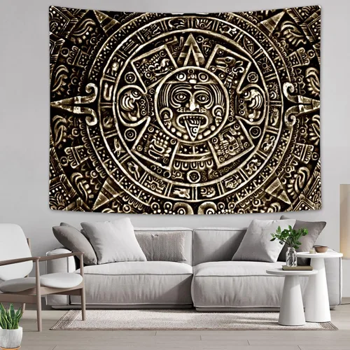 Miniatura 2 de Tapiz maya azteca para colgar en la pared, vista cercana de la historia del antiguo calendario azteca de la civilización maya, decoración artística