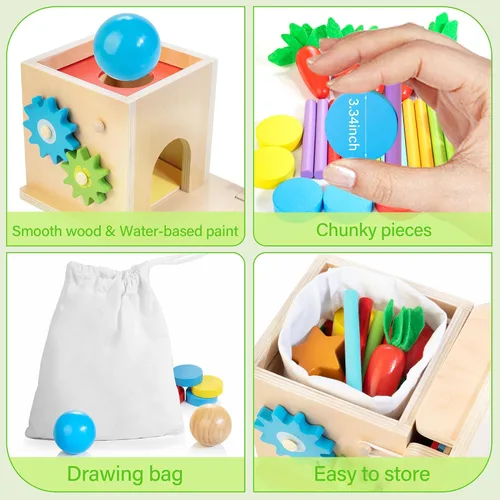 Miniatura 6 de JUSTWOOD Juguetes Montessori para niños de más de 1 año, kit de juego de madera 8 en 1, incluye caja permanente de objetos, cubo de actividades