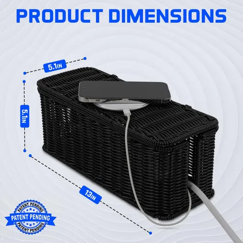 Miniatura 2 de Caja de organización de cables, organizador de cables de ratán hecho a mano con 2 ranuras abiertas, organizador de cables para regleta de Negro