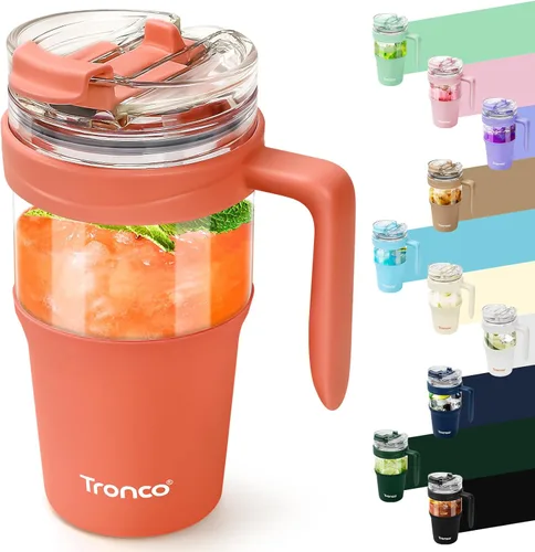 Miniatura 22 de Tronco Vaso de vidrio de 32 onzas con popote y tapa, tapa con popote 2 en 1 a prueba de fugas, botellas de agua de vidrio con asa, apto para Rosa