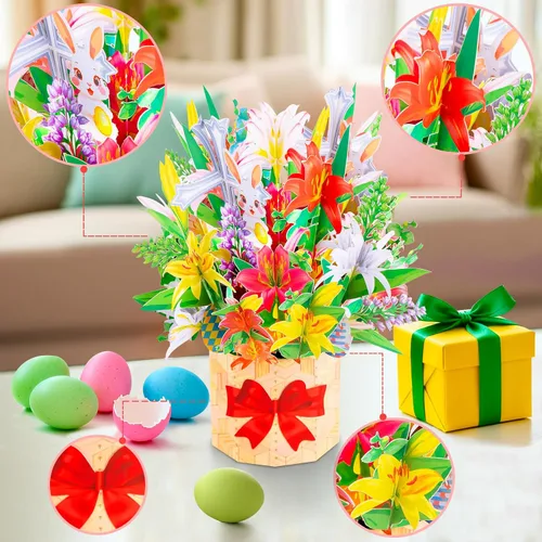 Miniatura 8 de GREETING ART Tarjeta desplegable de Pascua, diseño de ramo de conejo de cruz de lirio colorido 3D, tarjetas de felicitación de ramo de Pascua 3D