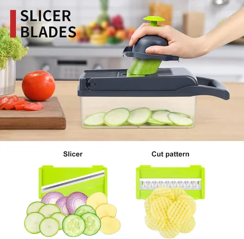 Miniatura 10 de Cortador de verduras con mandolina, picador de verduras, multifuncional 10 en 1, cortador de verduras de cocina, picador de cebolla, queso, cesta