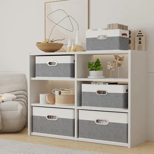 Miniatura 3 de Yawinhe Cestas de almacenamiento de tela, organizador plegable de armario para estantes, cajas grandes con 3 asas, contenedores de lona para ropa