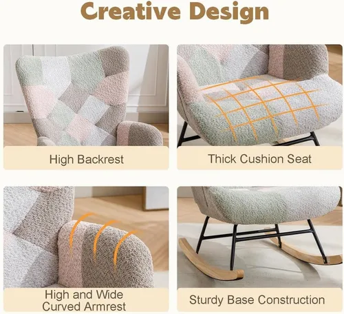 Miniatura 4 de Silla mecedora tapizada estilo oso de peluche para cuarto de bebé, con respaldo alto, silla lateral cómoda para sala de estar, dormitorio, oficinas