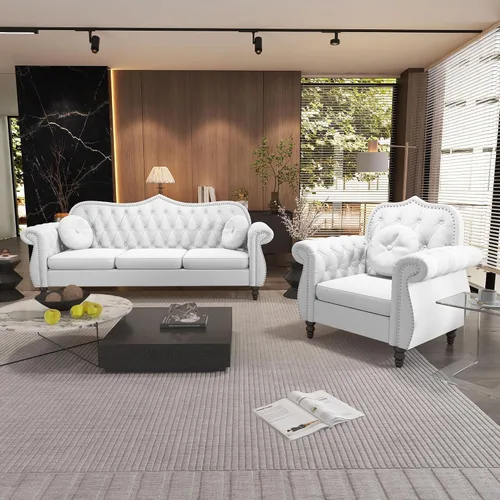 Miniatura 13 de AVZEAR 82" Sofá de tres plazas de cuero, sofá Chesterfield, sofá tapizado en PU de estilo moderno de mediados de siglo, sofá de sala de estar