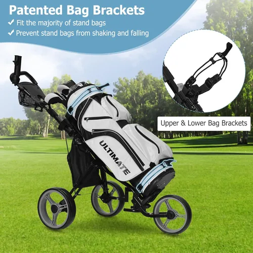 Miniatura 3 de Tangkula Carrito de Golf de Empuje y Tirón con Asiento, Carro Plegable y Colapsable Liviano de 3 Ruedas, Carro de Golf con Freno de Pie, Soporte Gris