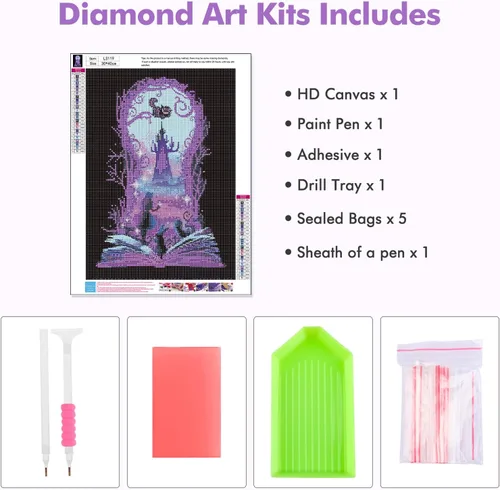 Miniatura 5 de MOGTAA - Kits de arte de diamante de princesa para adultos, kits de arte de diamante de Halloween completos, 5D, con diamantes redondos, libro