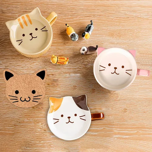 Miniatura 7 de BigNoseDeer 2 tazas lindas de cerámica Kawaii con gato, taza de café con tapa, tazas de té y platillos para postre, regalos lindos para amantes