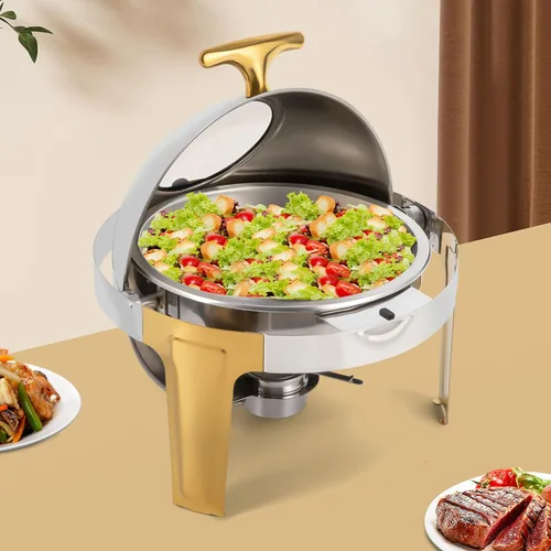 Miniatura 2 de Juego de bufé de platos de rozamiento enrollable de acero inoxidable de 6.3 cuartos de galón, con bandeja para alimentos y bandeja de agua