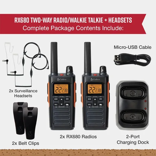Miniatura 7 de Cobra RX680 Paquete de 2 Walkie Talkies y Auriculares de Vigilancia Compatibles Cobra GA-SV01 2P: Radios Bidireccionales Rugosas y Resistente a
