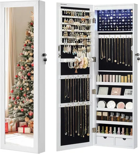 Songmics - UJJC93W - Armario para joyas que se puede cerrar con llave, de montaje en pared o puerta, con espejo de 6 luces LED, para organización,