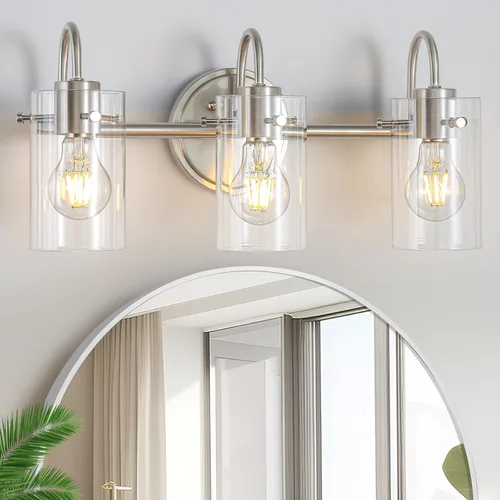 Lámpara de tocador de 3 luces, apliques de pared de baño de níquel cepillado, lámpara de pared moderna con pantalla de vidrio transparente, lámpara
