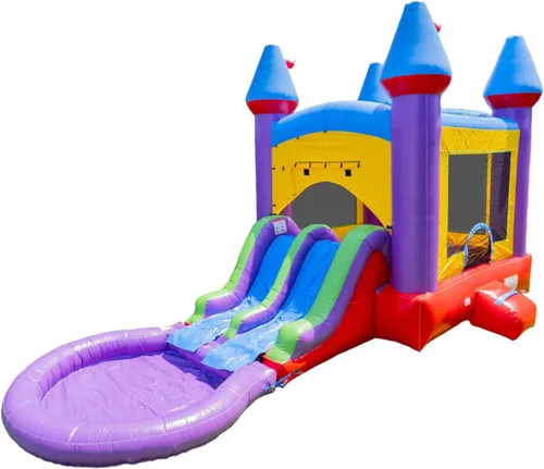 HeroKiddo Tobogán de castillo de Jelly Bean de 14 x 26 x 14.5 pies con piscina, vinilo de PVC de grado comercial 100% con aro de baloncesto,