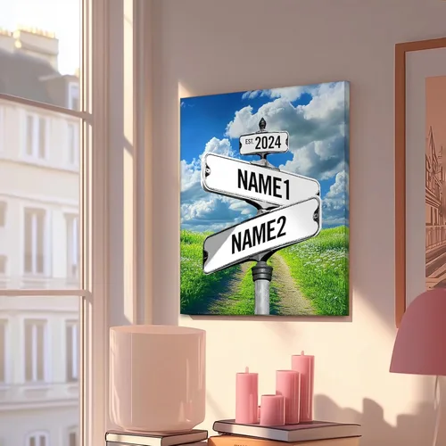 Miniatura 50 de Impresiones en lienzo personalizadas: letrero de calle Crossroads para parejas, arte de pared, nombres y fechas, regalo personalizado, impresión