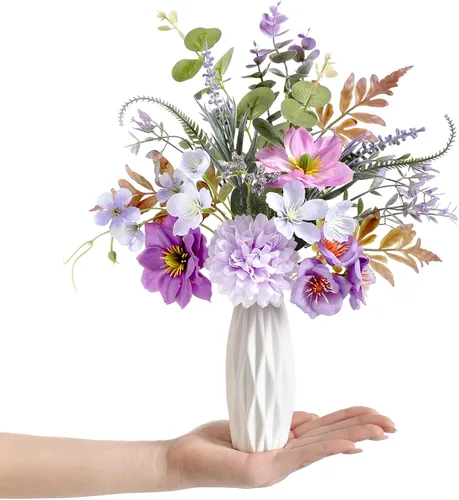 Flores artificiales pequeñas de 11.8 pulgadas en jarrón de cerámica, centro de mesa de flores de seda púrpura para mesa de comedor, oficina, boda y