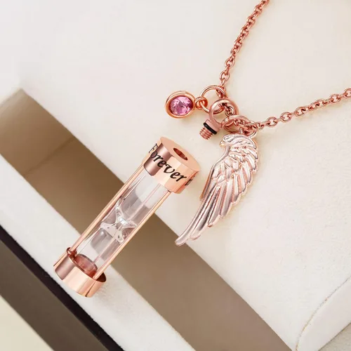 Miniatura 15 de PREKIAR Collar de urna de cremación para cenizas en forma de reloj de arena con dije de recuerdo 12 piedras de nacimiento y un ala de ángel