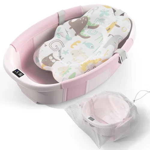 Miniatura 13 de Bañera Plegable para Bebé - Bañera Grande para Bebé con Termómetro y Cojín Bañera Portátil de Viaje para Recién Nacidos e Infantes Bañera Azul