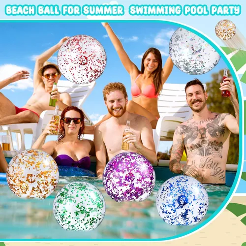 Miniatura 6 de Chivao Paquete de 12 bolas de playa inflables con purpurina de 16 pulgadas, juguetes gigantes para piscina, juguetes acuáticos para verano