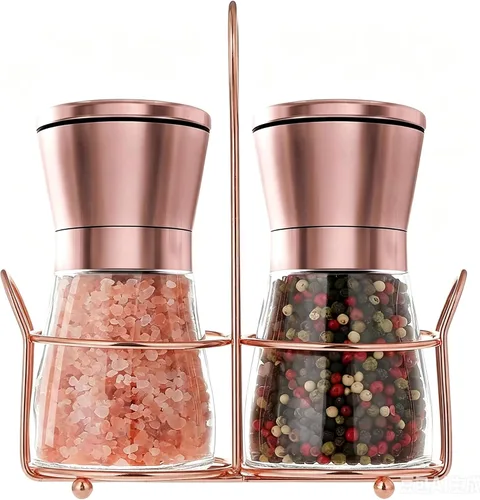 Juego de molinillo de sal y pimienta de acero inoxidable de cobre, molino de sal rosa del Himalaya, salero y pimentero con grosor ajustable y cuerpo