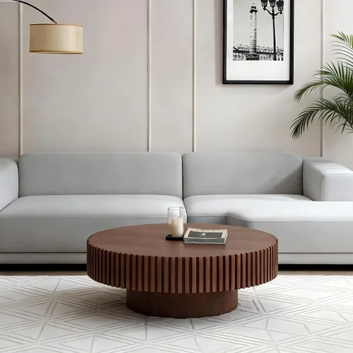 Miniatura 8 de Mesa de centro moderna de madera redonda acanalada, Ø31.5 x 13.8 pulgadas de alto, espacio pequeño, color marrón, tambor circular, centro estriado