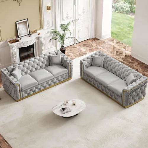 Juego de 2 sofás Chesterfield de lujo, sofá victoriano copetudo negro y dorado, moderno de mediados de siglo, juego de sofás de 3 plazas para sala