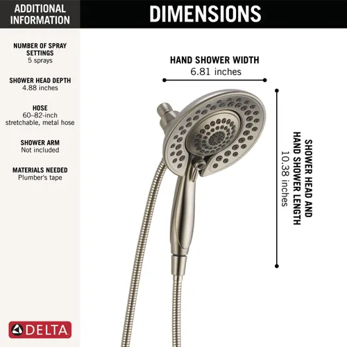 Miniatura 4 de Delta Faucet 5-Spray In2ition - Cabezal de ducha de mano doble 2 en 1 con manguera, cabezal de ducha de mano H2Okinetic con acoplamiento magnético