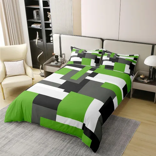 Miniatura 2 de Funda de edredón geométrica 100% algodón, tamaño individual, juego de ropa de cama de retazos, verde, negro, gris, blanco, retro, estética, rústica