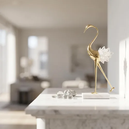 Miniatura 2 de suruim Elegantes estatuas de pájaro de grúa dorada con detalles de cola de cristal, figuras decorativas de latón para decoración del hogar (blanco B)