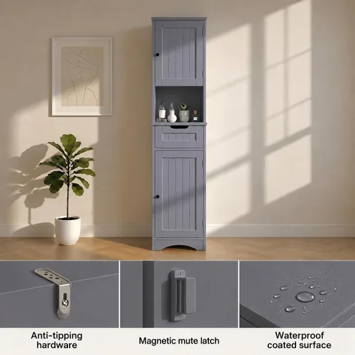 Miniatura 8 de Gizoon Armario de baño de 67 pulgadas de alto, armario de almacenamiento con 2 puertas y cajón, torre de lino estrecha con estantes ajustables